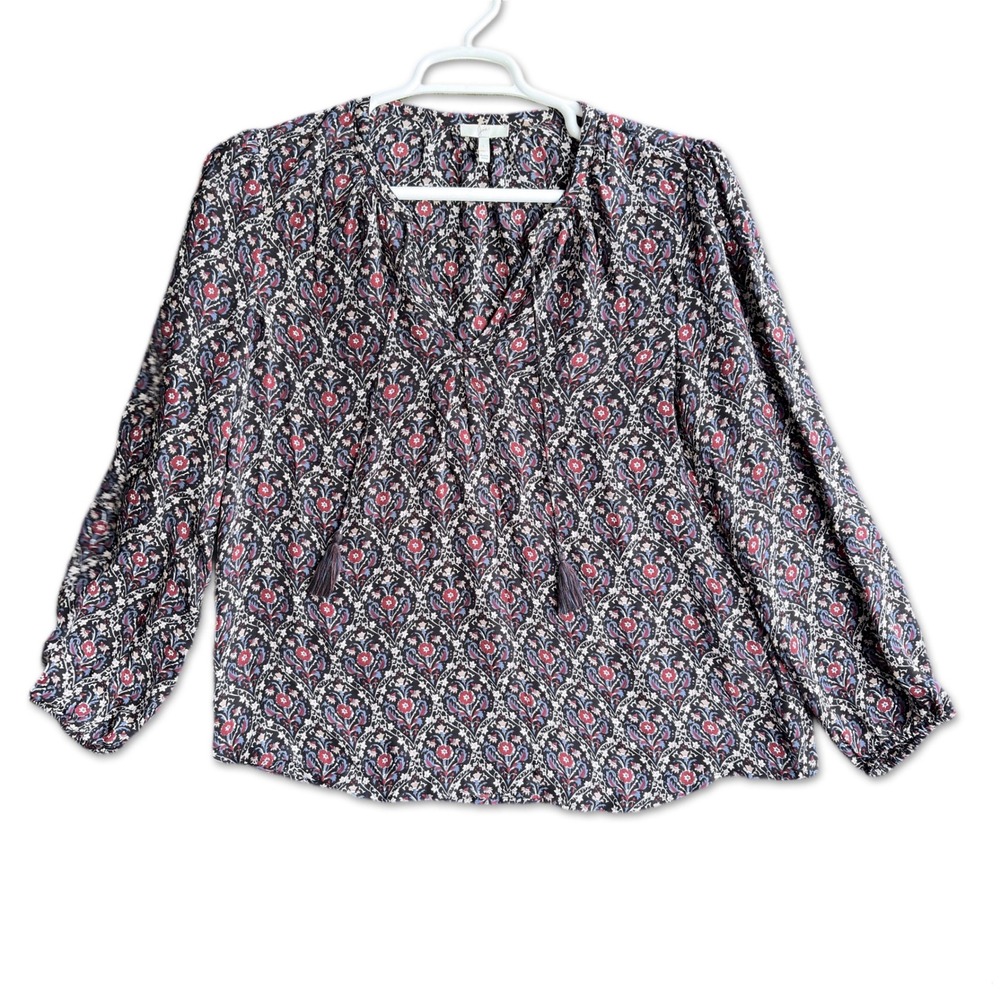 Joie Blouse Women Large Silk Floral Paisley Tassel V-Neck Peasant Top BOHO